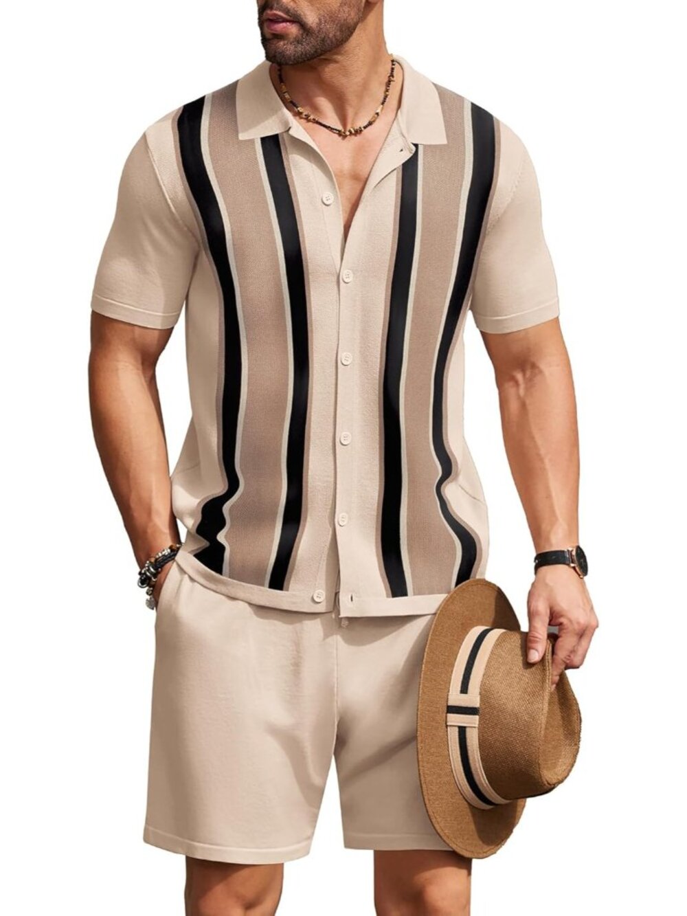 Coofandy Men's Khaki & Black Vintage Short Sleeve Button Down Knit Polo Shirts